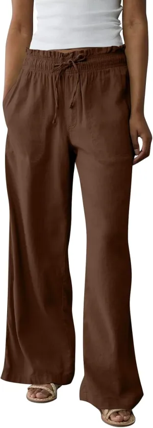 Work Pants Women High Waisted Summer Drawstring Linen Pants Comfy Straight Leg Baggy Beach Trousers with Pockets