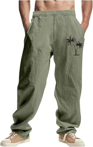 Xiaojmake Mens Cotton Linen Pants Elastic Waist Drawstring Straight Casual Yoga Pant Summer Loose Fit Hawaiian Beach Trouser