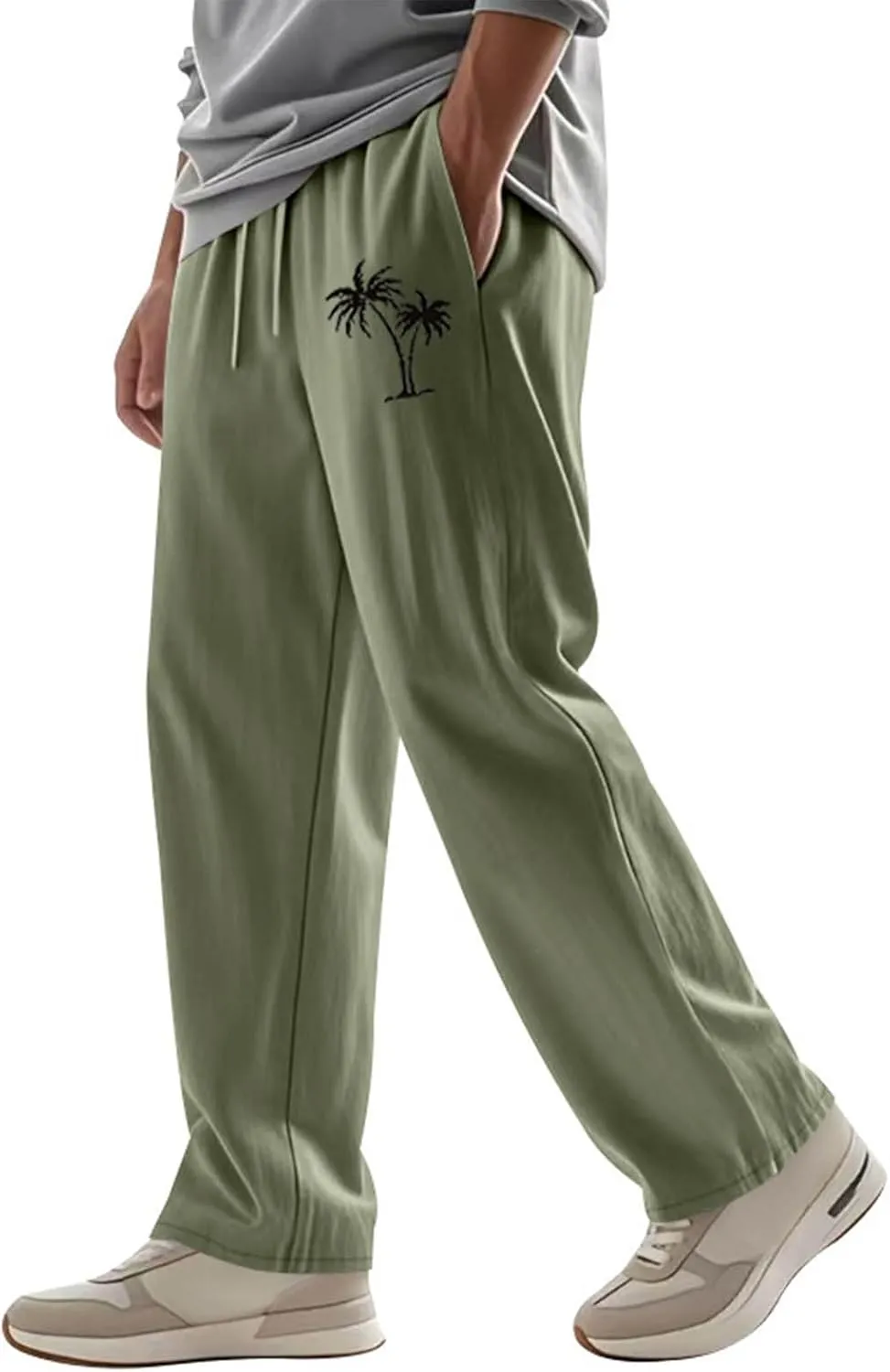 Xiaojmake Mens Cotton Linen Pants Elastic Waist Drawstring Straight Casual Yoga Pant Summer Loose Fit Hawaiian Beach Trouser