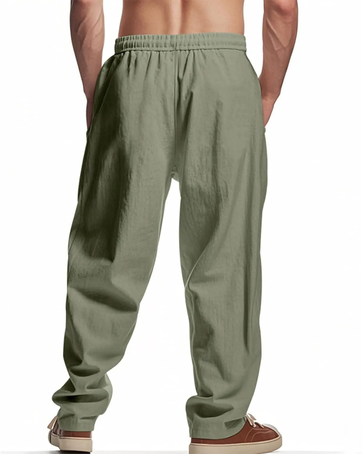 Xiaojmake Mens Cotton Linen Pants Elastic Waist Drawstring Straight Casual Yoga Pant Summer Loose Fit Hawaiian Beach Trouser