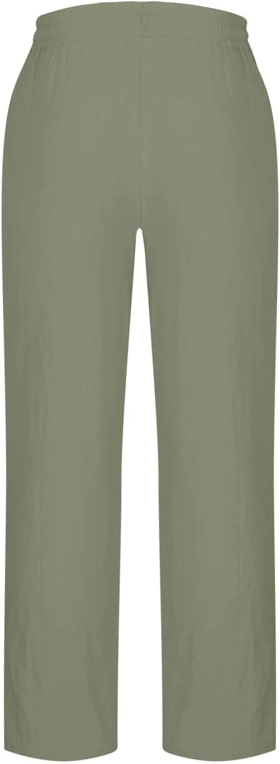 Xiaojmake Mens Cotton Linen Pants Elastic Waist Drawstring Straight Casual Yoga Pant Summer Loose Fit Hawaiian Beach Trouser