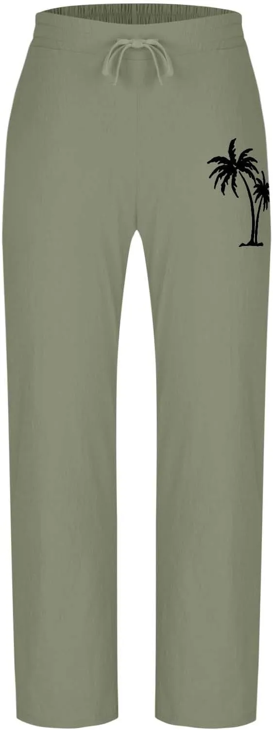 Xiaojmake Mens Cotton Linen Pants Elastic Waist Drawstring Straight Casual Yoga Pant Summer Loose Fit Hawaiian Beach Trouser