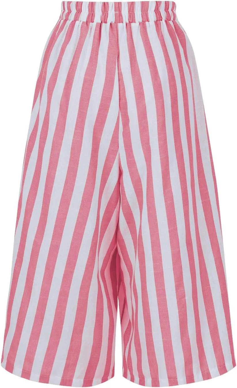 Xiaojmake Womens Wide Leg Palazzo Pants Linen Drawstring Cropped Trousers Y2K A Line Flowy Pants Striped High-Waist Culottes