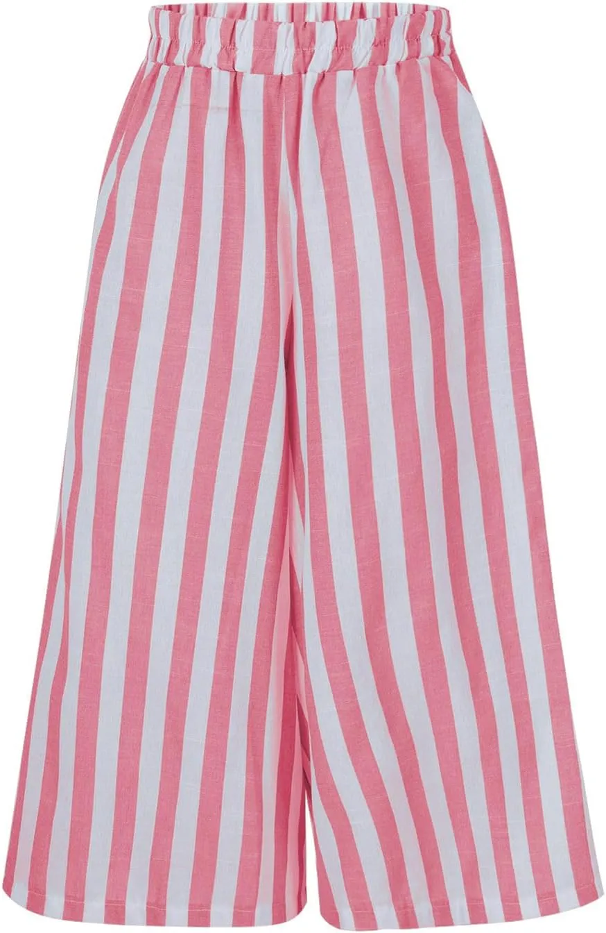 Xiaojmake Womens Wide Leg Palazzo Pants Linen Drawstring Cropped Trousers Y2K A Line Flowy Pants Striped High-Waist Culottes
