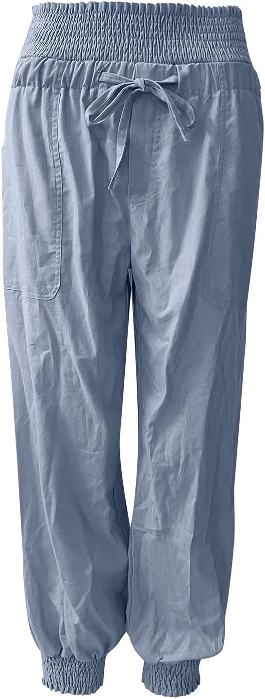 YOLAI Women Solid Cotton Linen Trousers Casual Loose Harem Pant Summer Drawstring Tapered Pant with Pockets