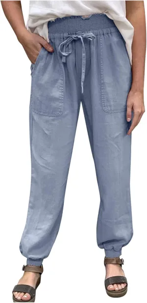 YOLAI Women Solid Cotton Linen Trousers Casual Loose Harem Pant Summer Drawstring Tapered Pant with Pockets