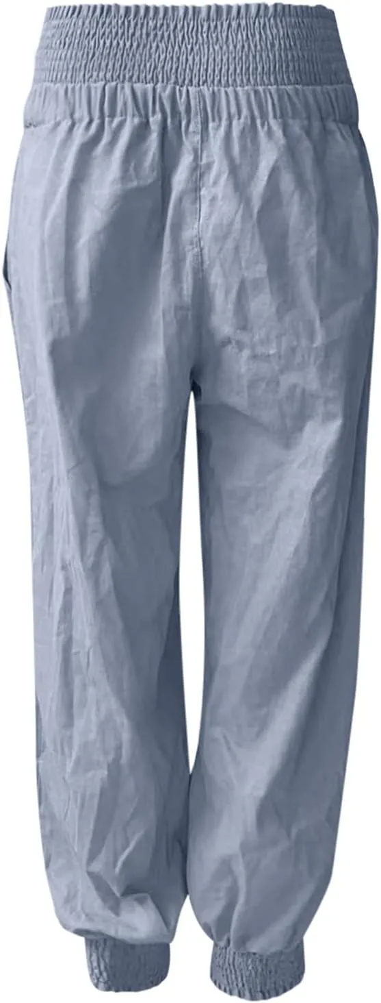 YOLAI Women Solid Cotton Linen Trousers Casual Loose Harem Pant Summer Drawstring Tapered Pant with Pockets