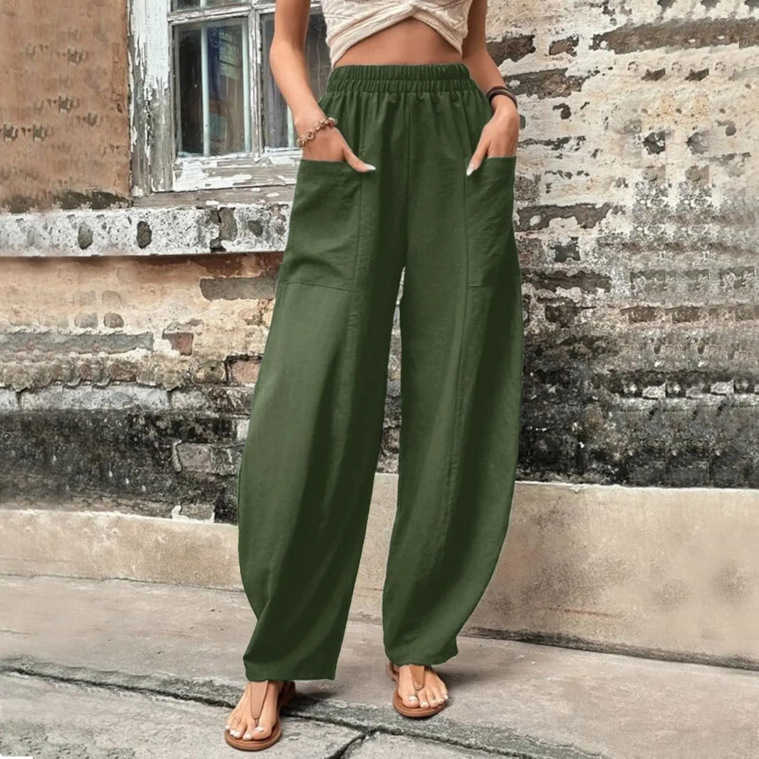 YOLAI Womens Cotton Linen Tapered Pant Elastic Waist Solid Color Harem Pant Summer Lightweight Wide Leg Trousers
