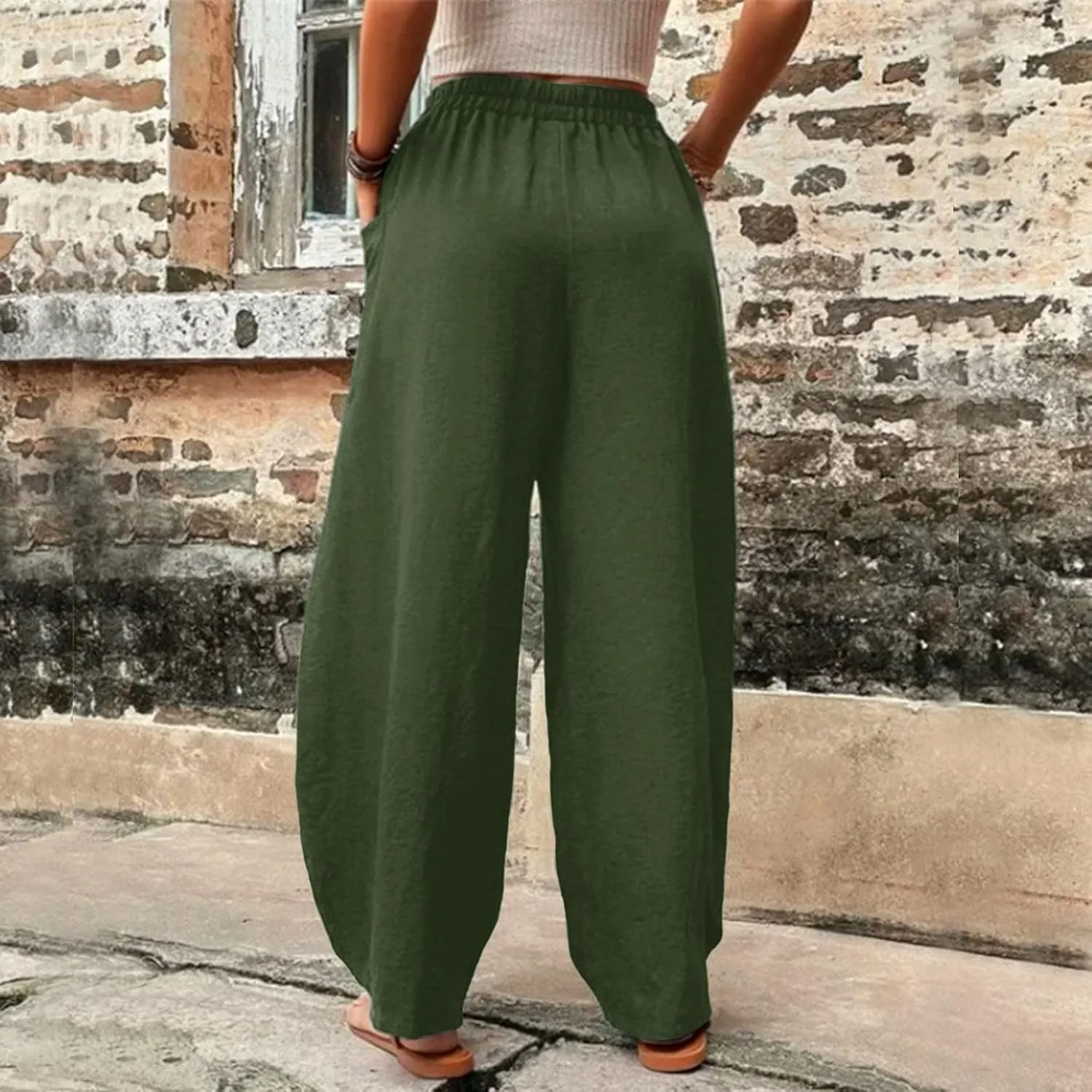 YOLAI Womens Cotton Linen Tapered Pant Elastic Waist Solid Color Harem Pant Summer Lightweight Wide Leg Trousers