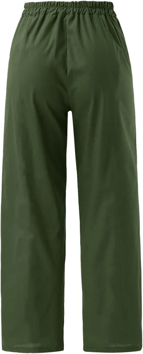YOLAI Womens Cotton Linen Tapered Pant Elastic Waist Solid Color Harem Pant Summer Lightweight Wide Leg Trousers