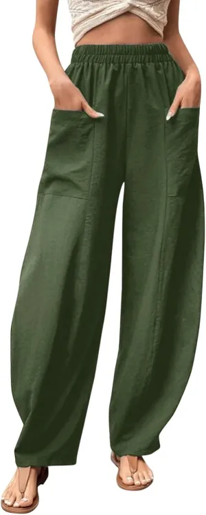 YOLAI Womens Cotton Linen Tapered Pant Elastic Waist Solid Color Harem Pant Summer Lightweight Wide Leg Trousers