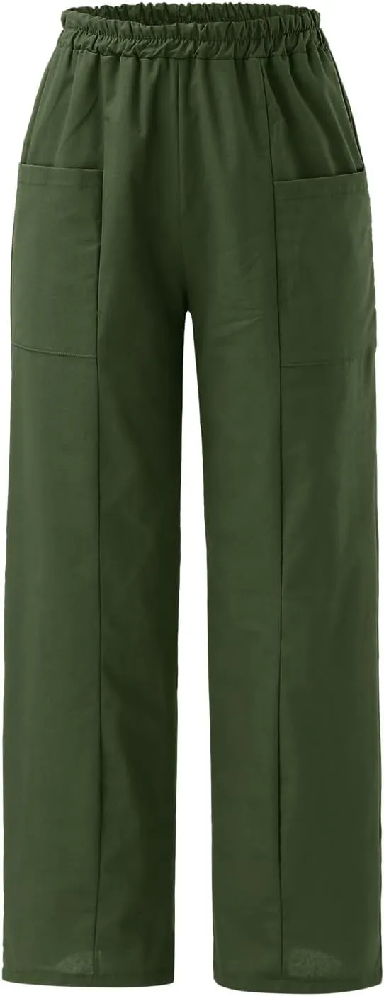 YOLAI Womens Cotton Linen Tapered Pant Elastic Waist Solid Color Harem Pant Summer Lightweight Wide Leg Trousers