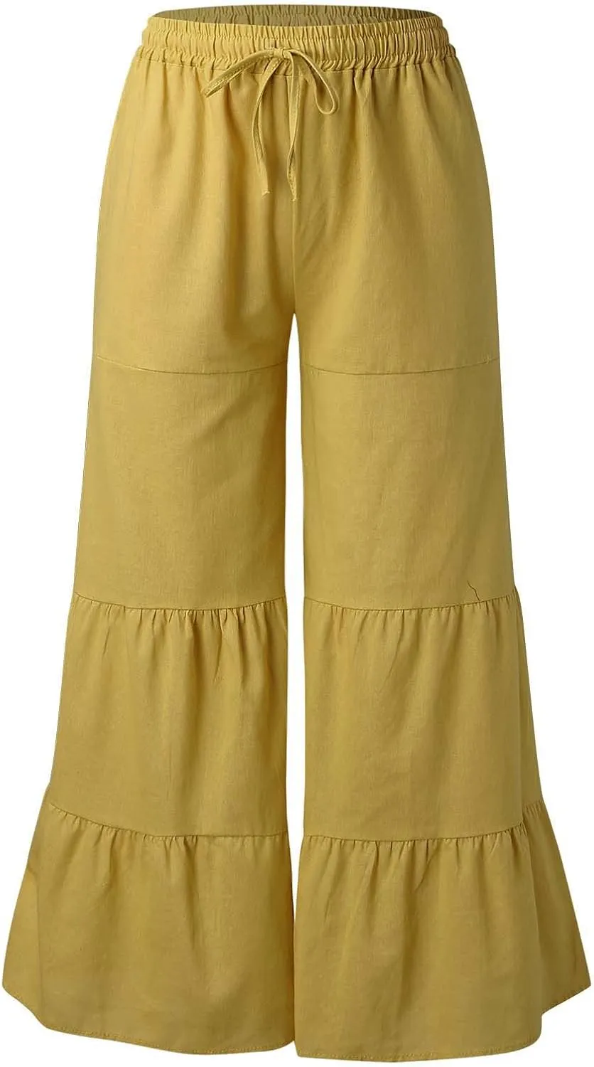 YOLAI Womens Summer Cotton Linen Trouser Casual Loose Wide Leg Pants Drawstring Long Palazzo Pants