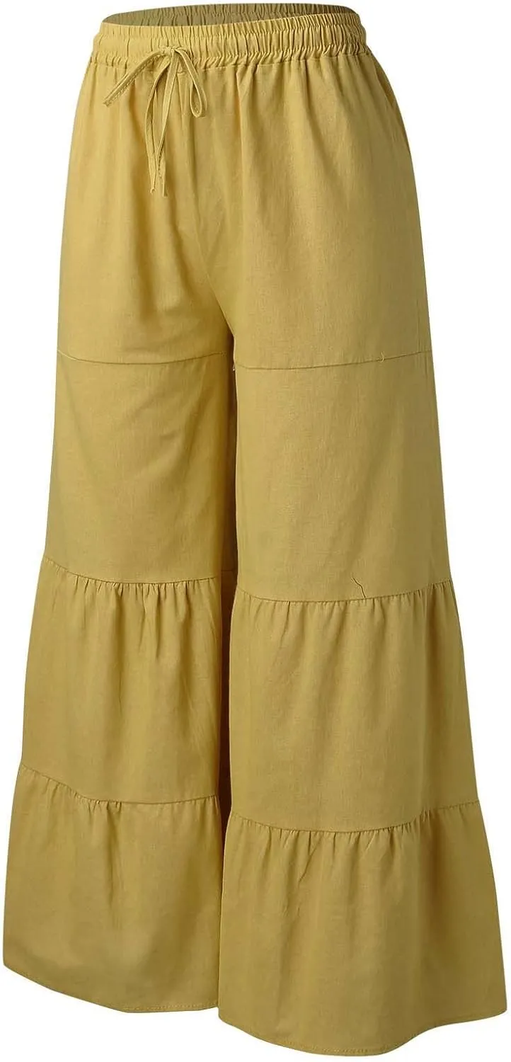 YOLAI Womens Summer Cotton Linen Trouser Casual Loose Wide Leg Pants Drawstring Long Palazzo Pants