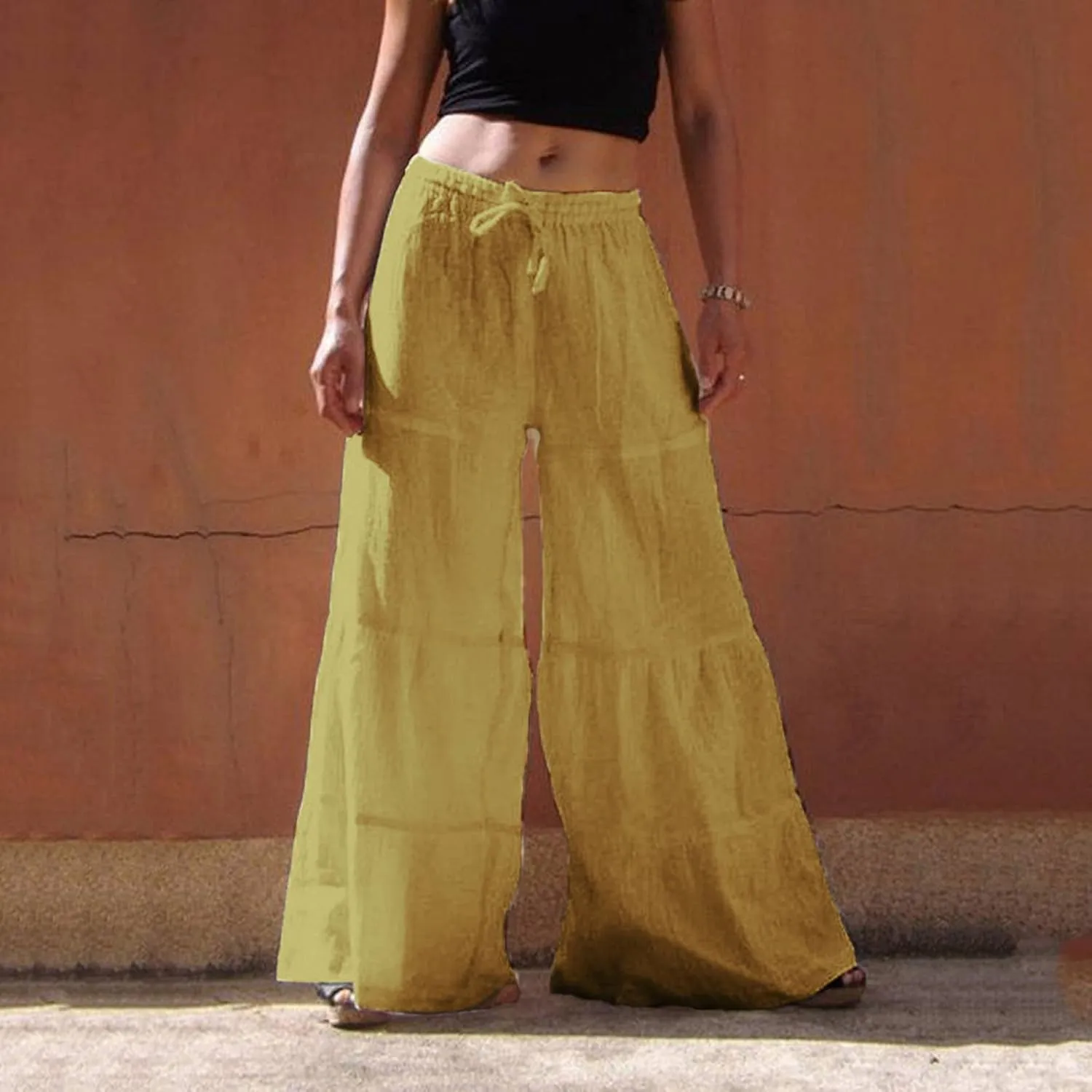 YOLAI Womens Summer Cotton Linen Trouser Casual Loose Wide Leg Pants Drawstring Long Palazzo Pants