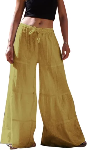YOLAI Womens Summer Cotton Linen Trouser Casual Loose Wide Leg Pants Drawstring Long Palazzo Pants