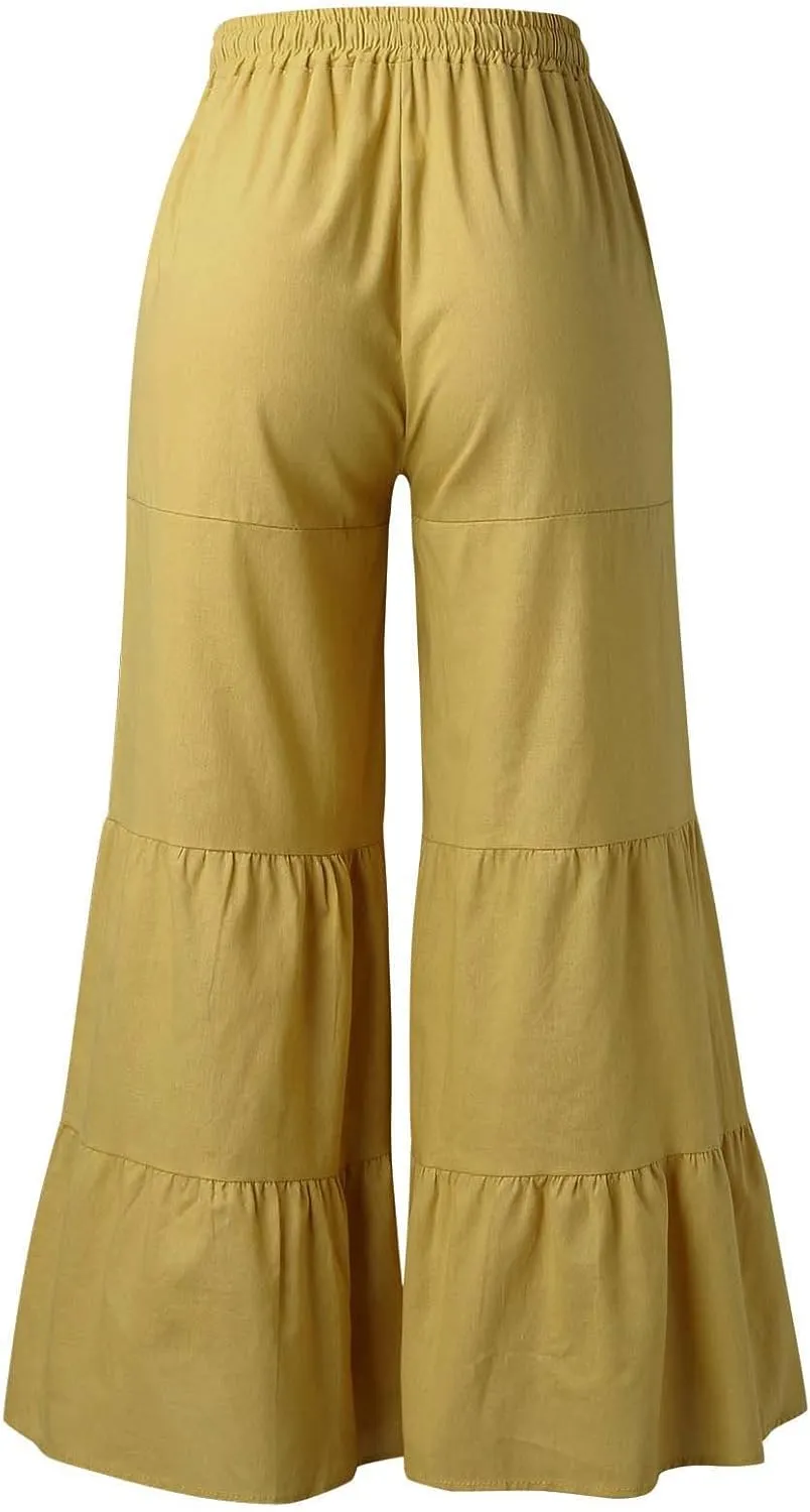 YOLAI Womens Summer Cotton Linen Trouser Casual Loose Wide Leg Pants Drawstring Long Palazzo Pants