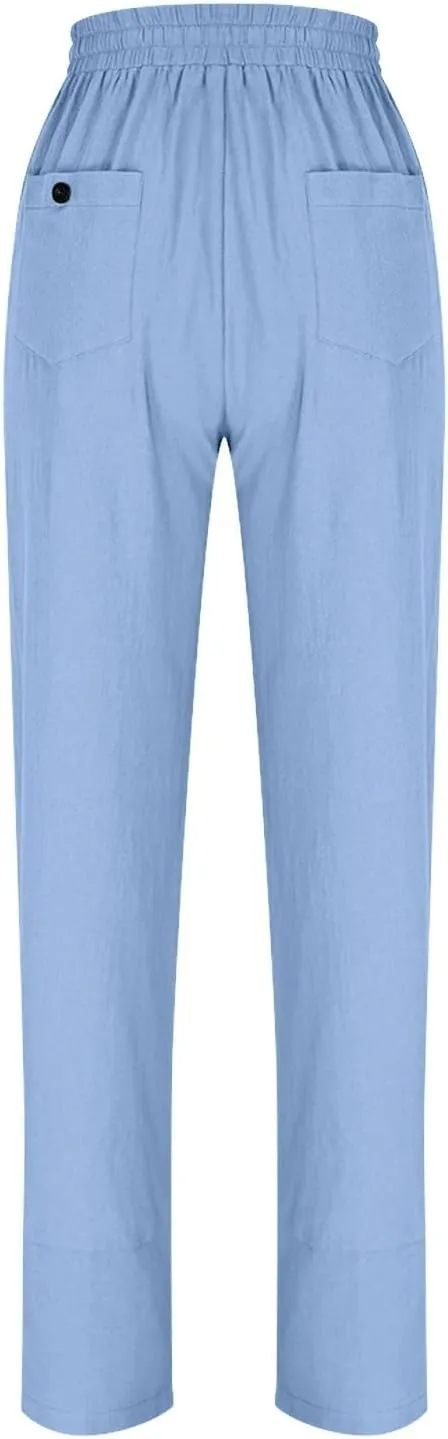 YRAETENM Cotton Linen Pants for Women Casual Elastic Waist Straight Leg Tapered Trousers Side Button Slacks with Pockets