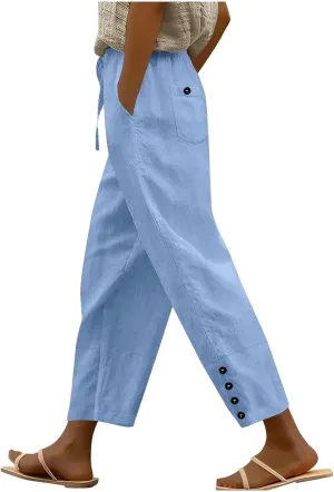 YRAETENM Cotton Linen Pants for Women Casual Elastic Waist Straight Leg Tapered Trousers Side Button Slacks with Pockets