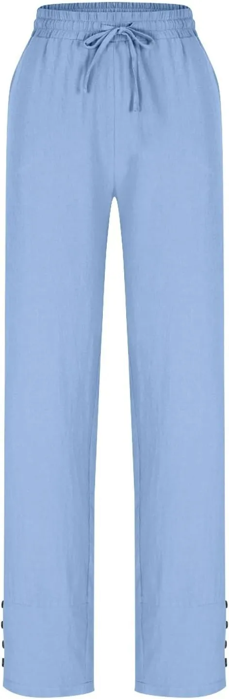 YRAETENM Cotton Linen Pants for Women Casual Elastic Waist Straight Leg Tapered Trousers Side Button Slacks with Pockets