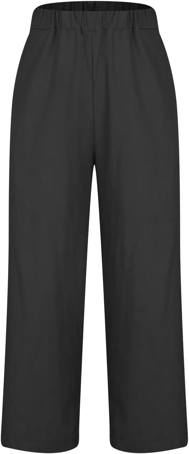 YRAETENM Cotton Linen Pants Women Elastic High Waist Straight Leg Lounge Pants Casual Slacks Summer Trouser with Pockets
