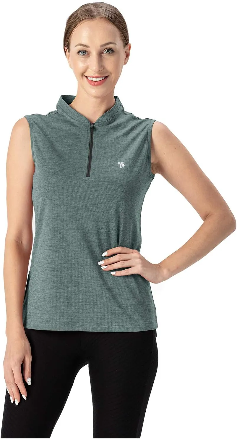 YSENTO Women's Golf Apparel Shirts Clothes Outfits Sleeveless 1/4 Zip Collarless Dry Fit UPF 50  Tennis Polo Tank Tops