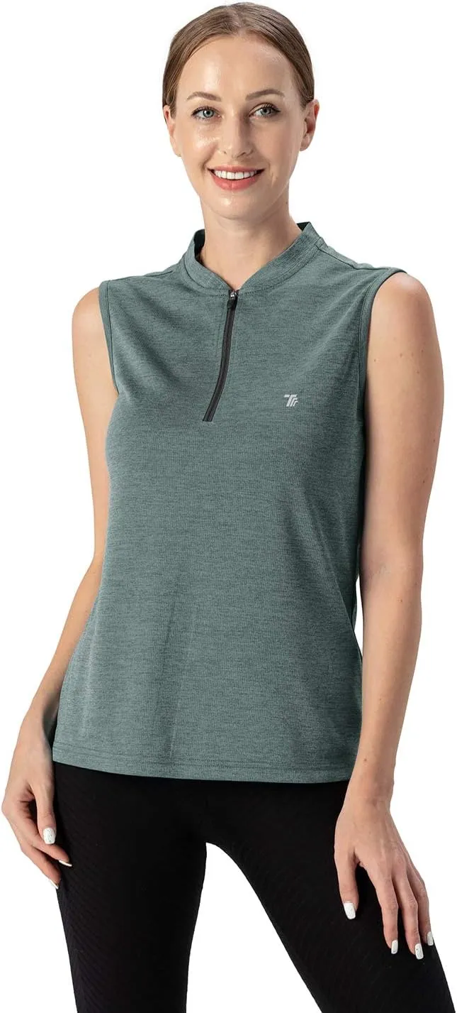 YSENTO Women's Golf Apparel Shirts Clothes Outfits Sleeveless 1/4 Zip Collarless Dry Fit UPF 50  Tennis Polo Tank Tops