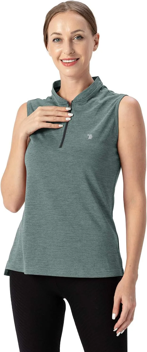 YSENTO Women's Golf Apparel Shirts Clothes Outfits Sleeveless 1/4 Zip Collarless Dry Fit UPF 50  Tennis Polo Tank Tops