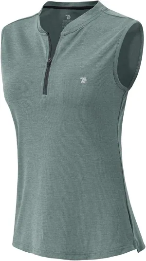 YSENTO Women's Golf Apparel Shirts Clothes Outfits Sleeveless 1/4 Zip Collarless Dry Fit UPF 50  Tennis Polo Tank Tops