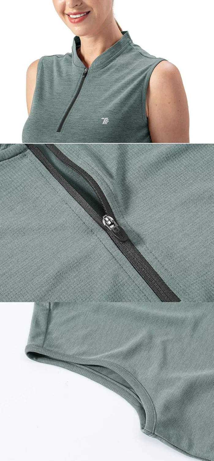 YSENTO Women's Golf Apparel Shirts Clothes Outfits Sleeveless 1/4 Zip Collarless Dry Fit UPF 50  Tennis Polo Tank Tops