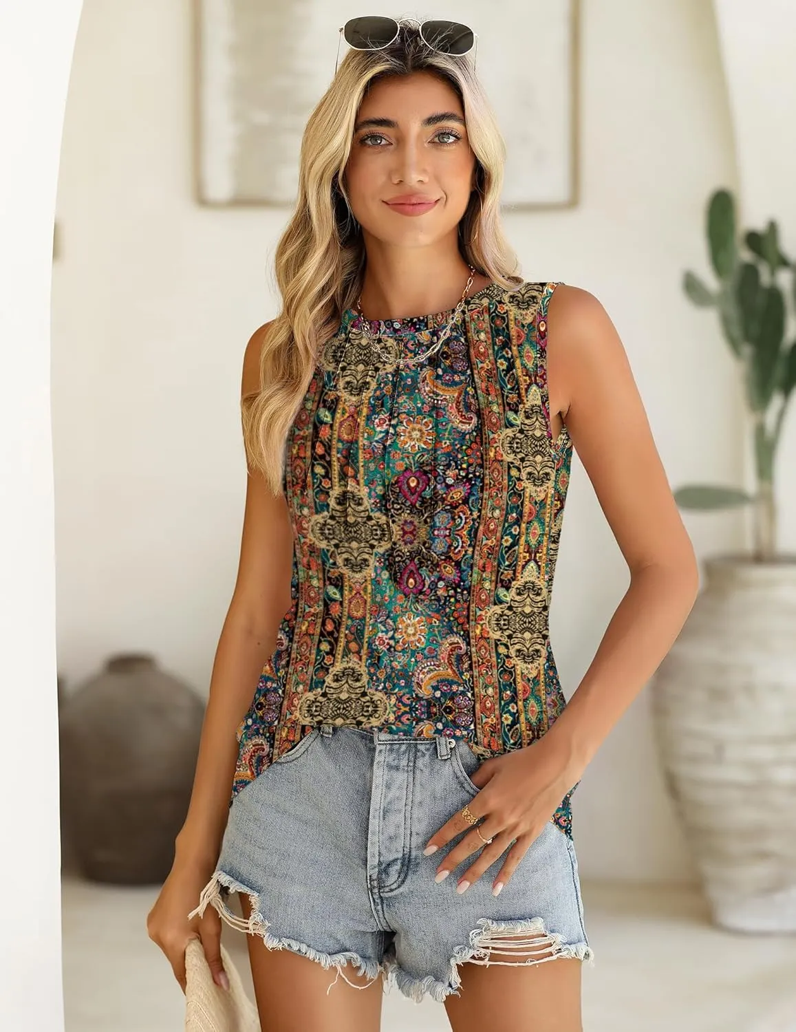 Zeagoo Summer Tank Top for Women 2025 Pleated High Neck Tops Loose Fit Flowy Dressy Tunic Sleeveless Shirts