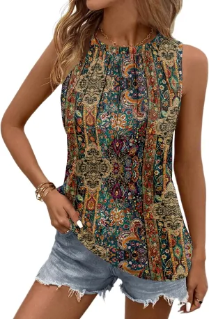 Zeagoo Summer Tank Top for Women 2025 Pleated High Neck Tops Loose Fit Flowy Dressy Tunic Sleeveless Shirts